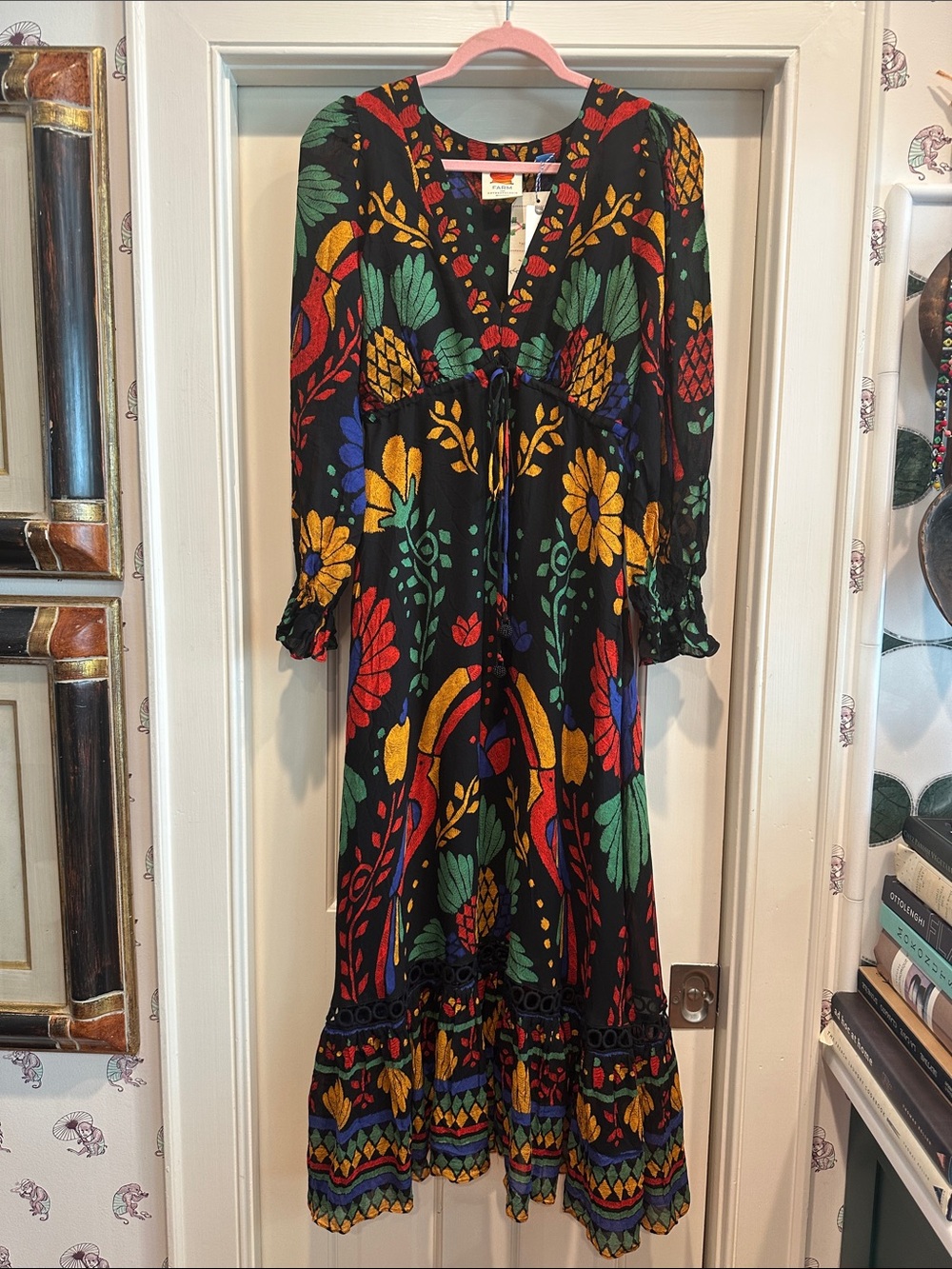 FARM Rio Black Maxi Dress with Red, Green, Yellow & Blue Botanical Print